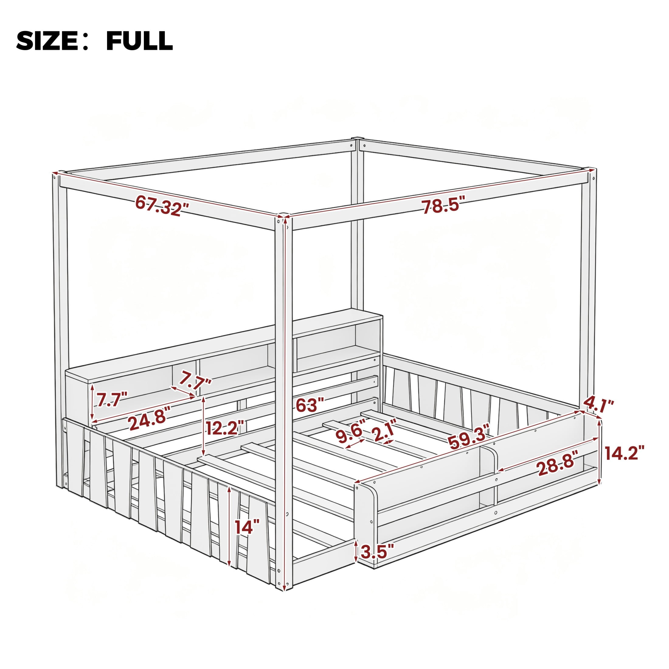 GDF Studio Misol Full Size Montessori Canopy Floor Bed with Storage & Guardrails, Pine Wood Kids Bed Frame, White