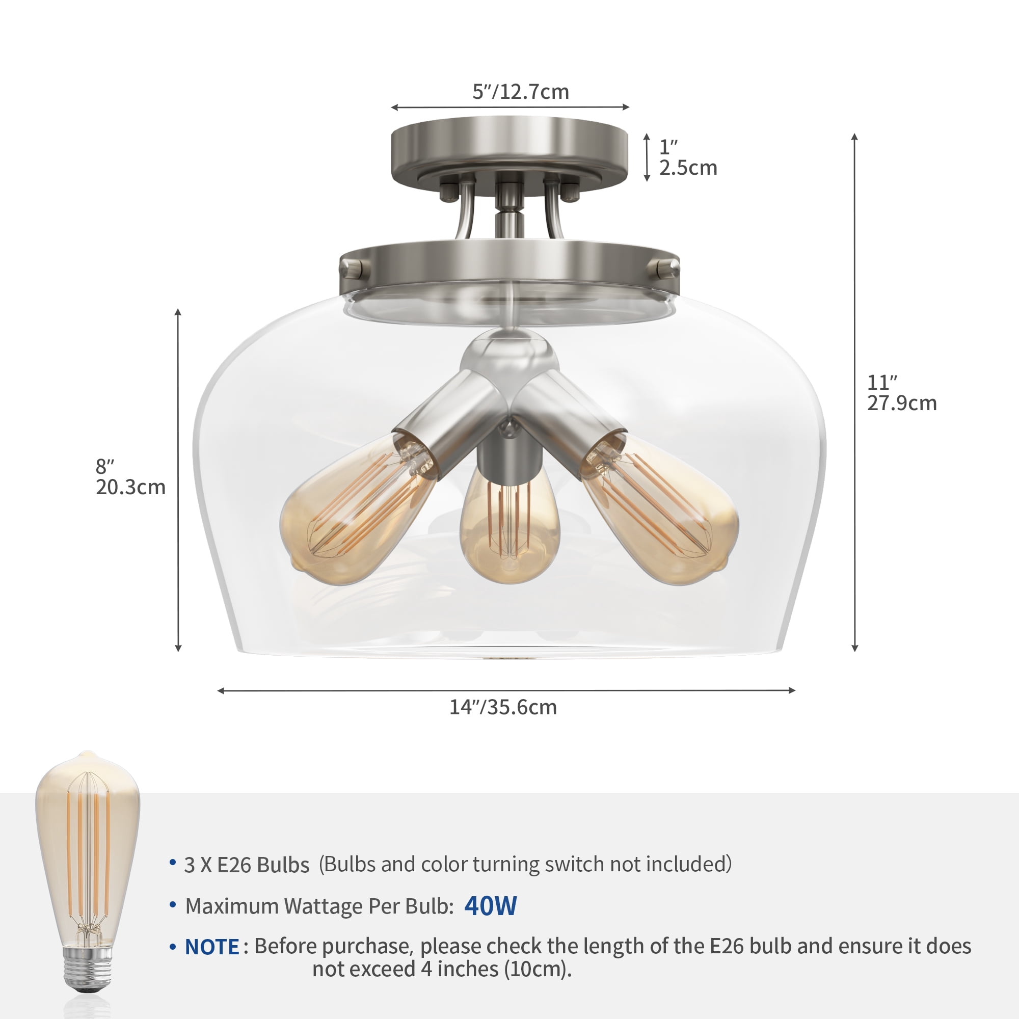 Uforic Semi Flush Mount Ceiling Light, Farmhouse Ceiling light with Clear Glass Shade, Modern Ceiling Light for Closet Dining Room Kitchen Hallway, Silver