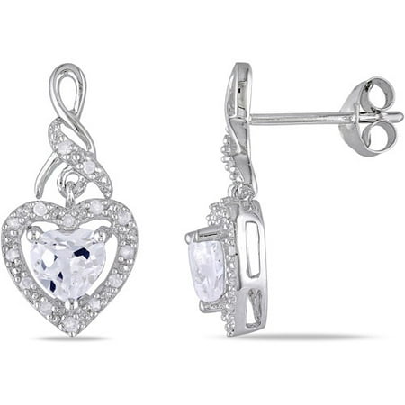 Miabella 1-1/10 Carat T.G.W. Created White Sapphire and 1/8 Carat T.W. Diamond Sterling Silver Heart Earrings