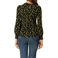 thumbnail image 3 of INSPIRE CHIC Women's Smocked Cuffs Keyhole Back Ruffled Crew Neck Floral Blouse Black S, 3 of 6