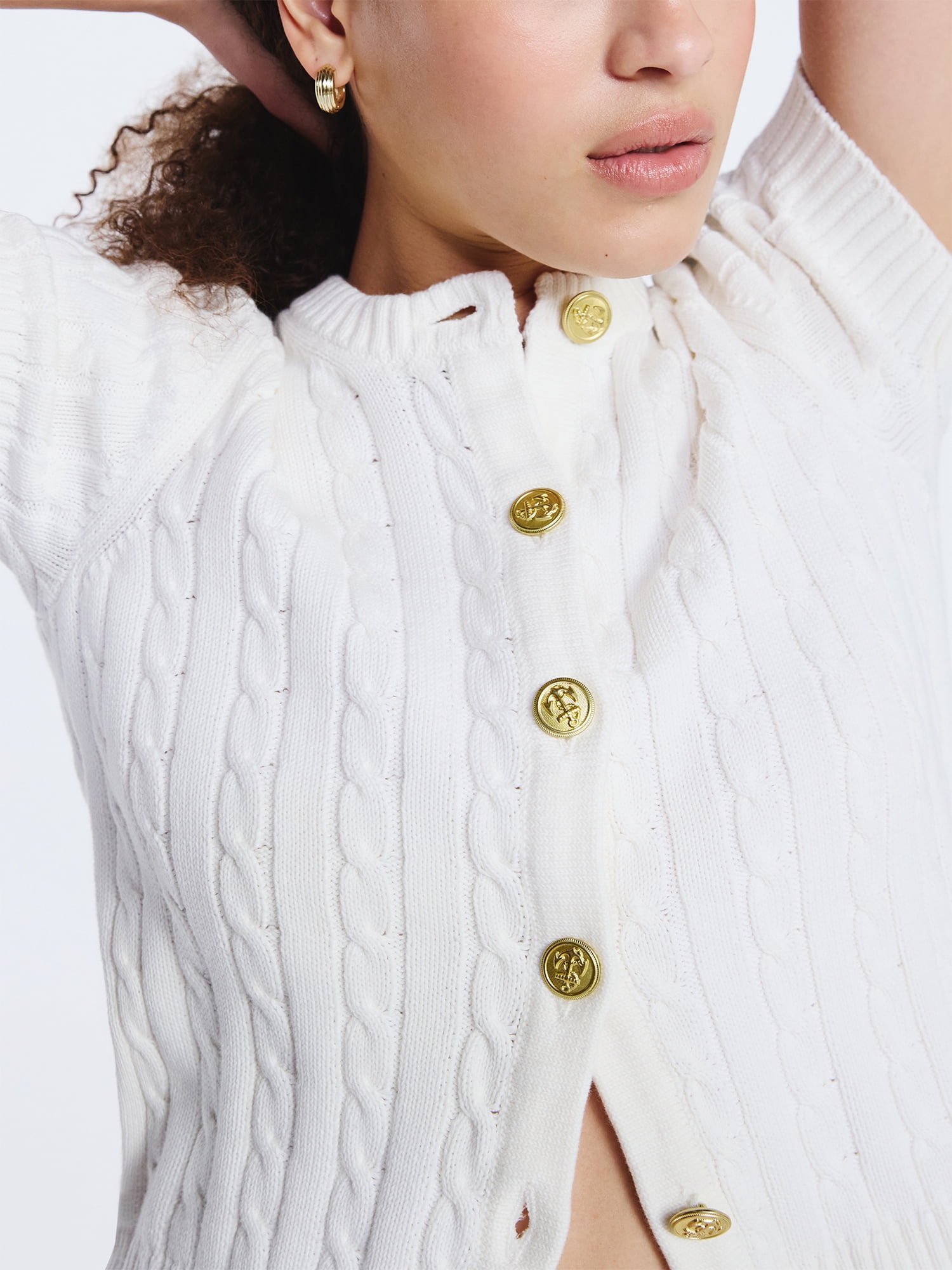 Free Assembly Women's and Women's Plus Cable Knit Cardigan Sweater with Short Sleeves, Lightweight, Sizes XS-4X