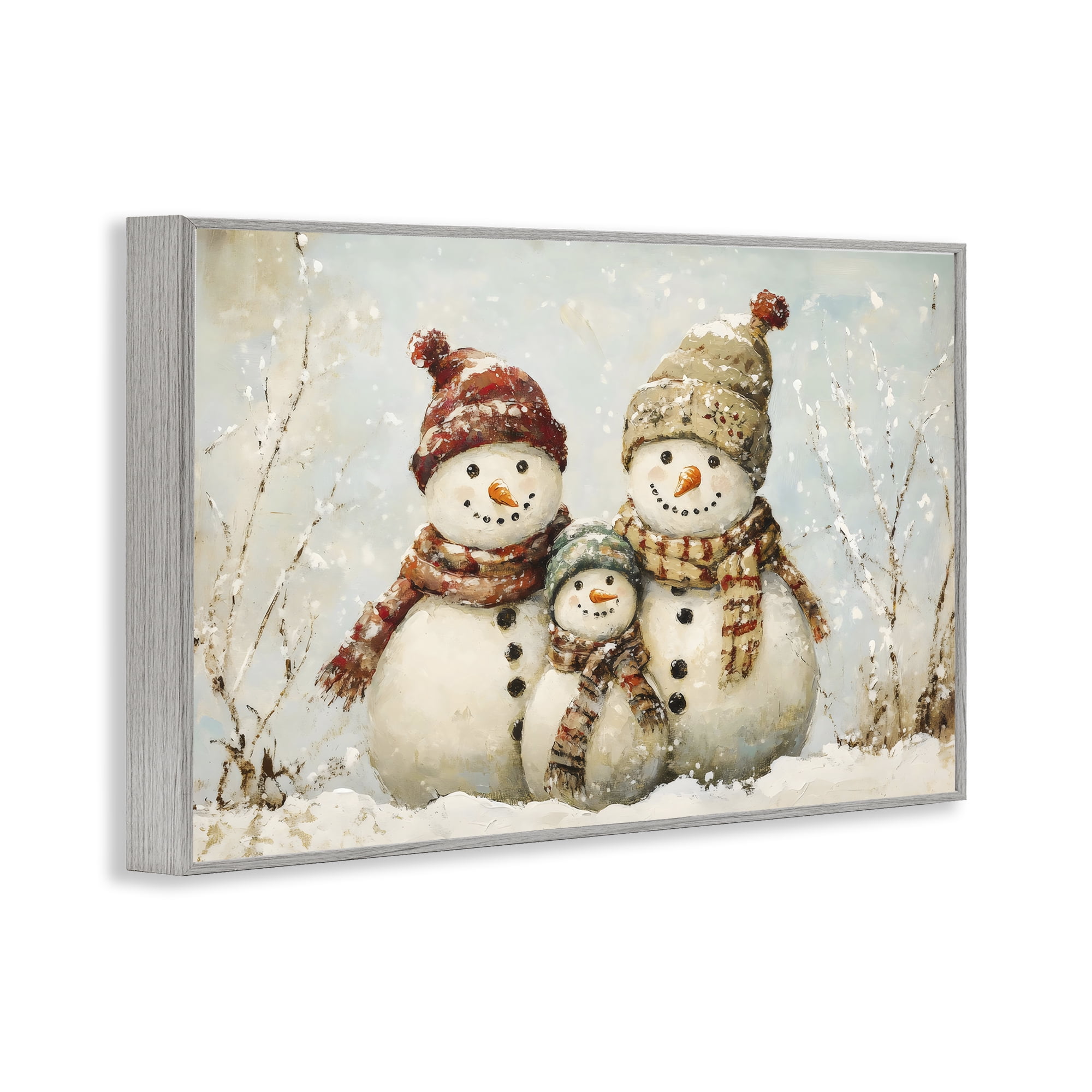 Snowman Family Of Three Gray Framed Giclee Art, design by Petal Prints Design