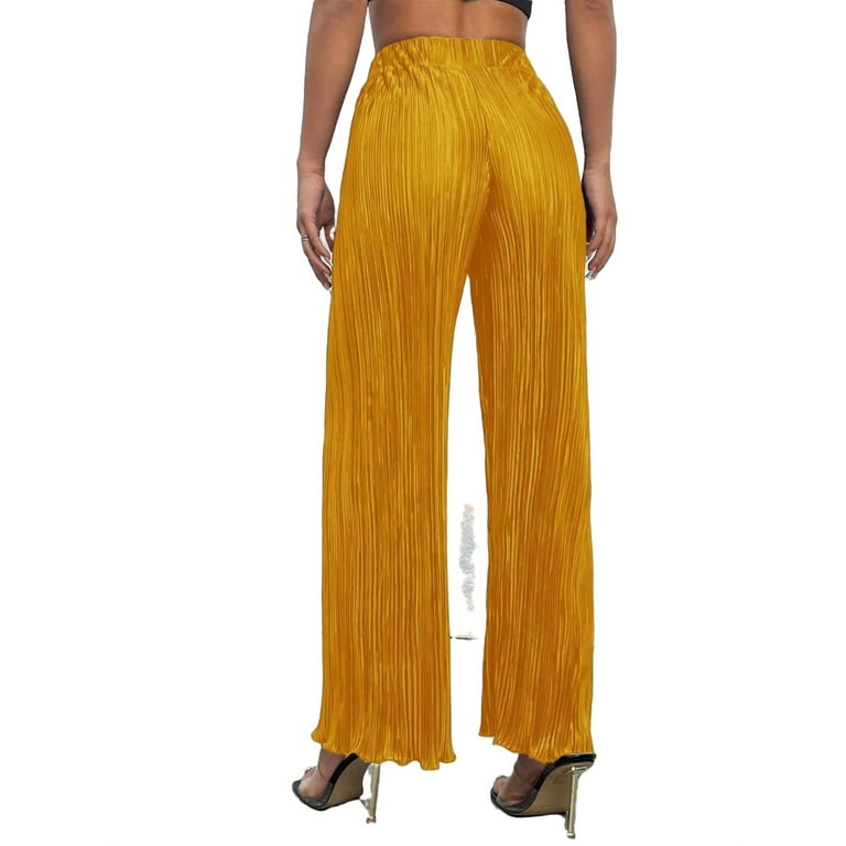 Casual Wide Leg Plain Mustard Yellow Long Women Pants