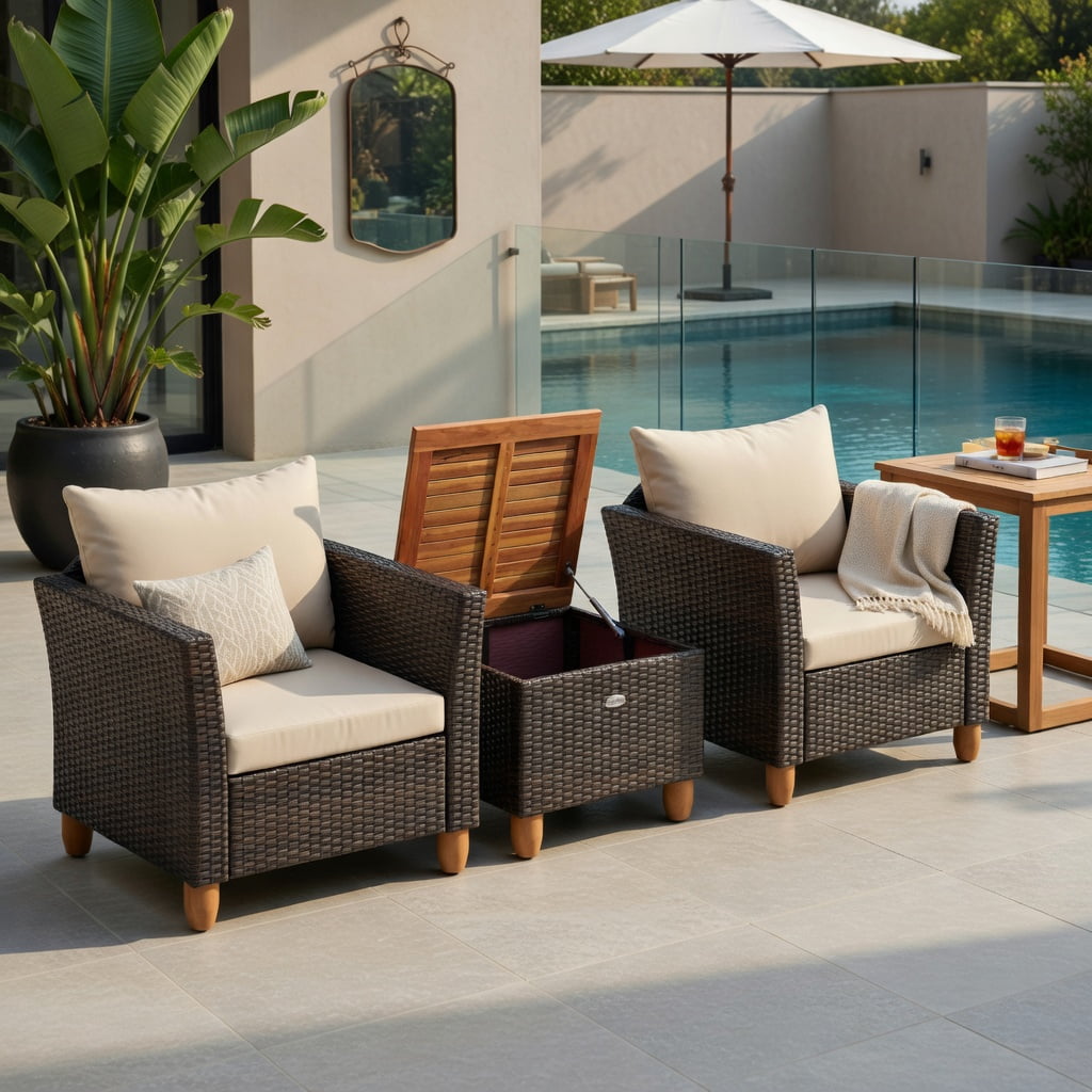 Hommoo 3-Piece Outdoor PE Wicker Patio Furniture Set with Acacia Wood Storage Coffee Table & Premium Cushions, Brown