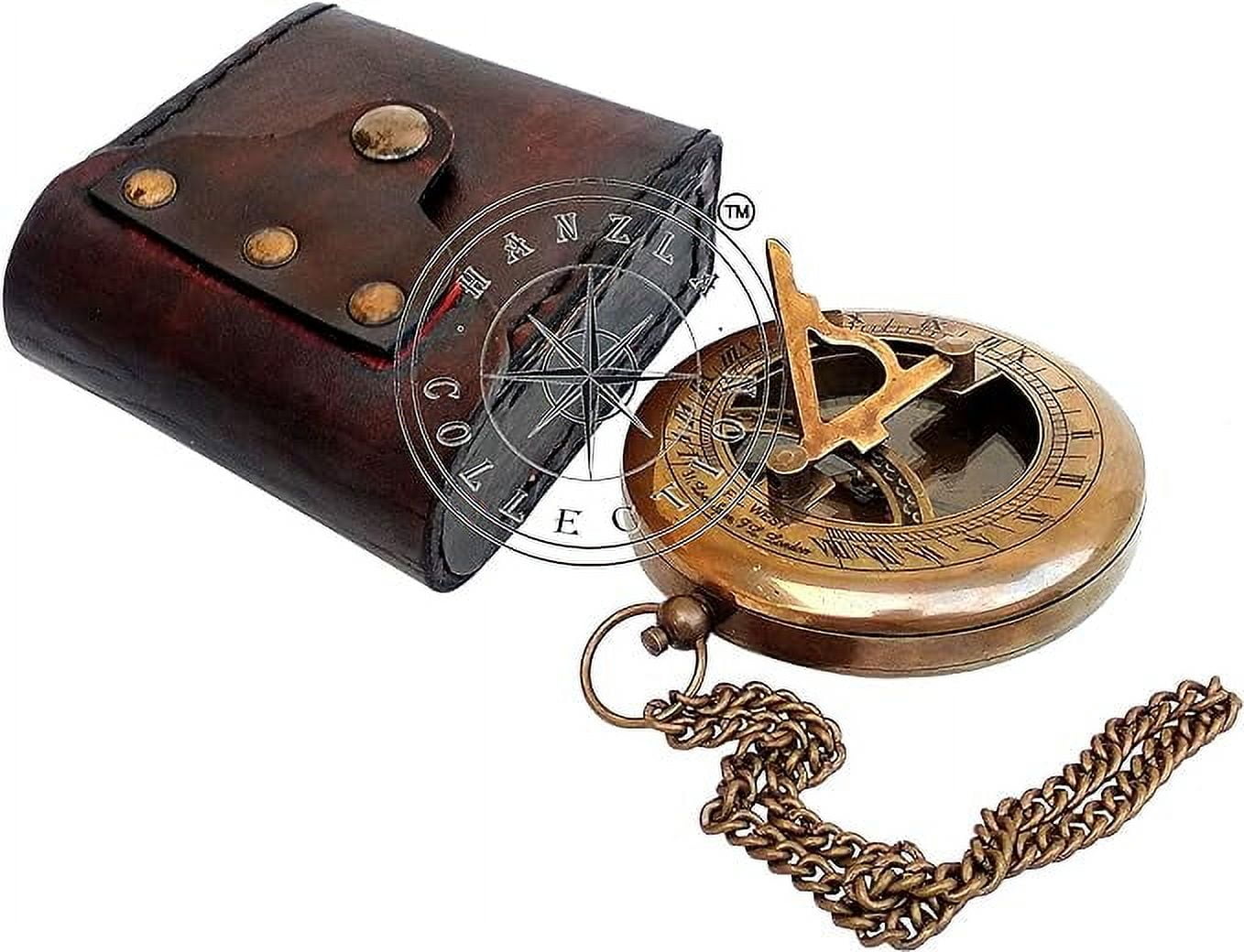 Hanzla Collection Brass Sundial Compass with Leather Case and Chain - Push Open Compass - Steampunk Accessory - Beautiful Handmade Gift - Nautical Sun Clock