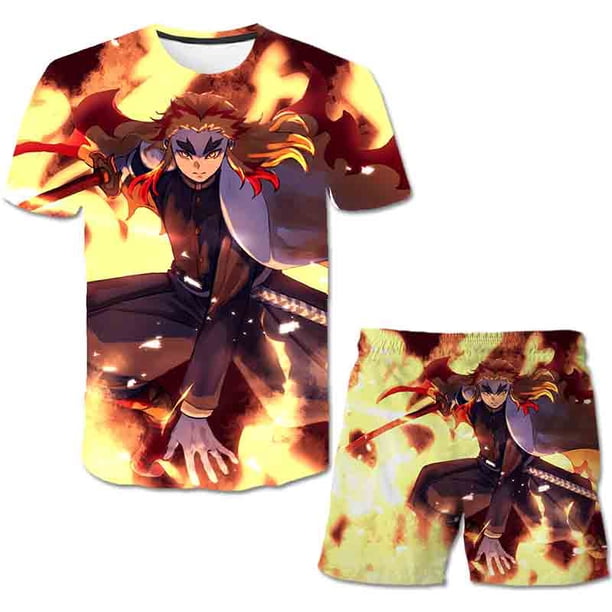Regalos de cumpleaños para niños, trajes de Demon Slayer, camisetas de manga corta con estampado de dibujos animados de verano, pantalones cortos, 2 unids/set, trajes informales 8T Gao Jinjia LED