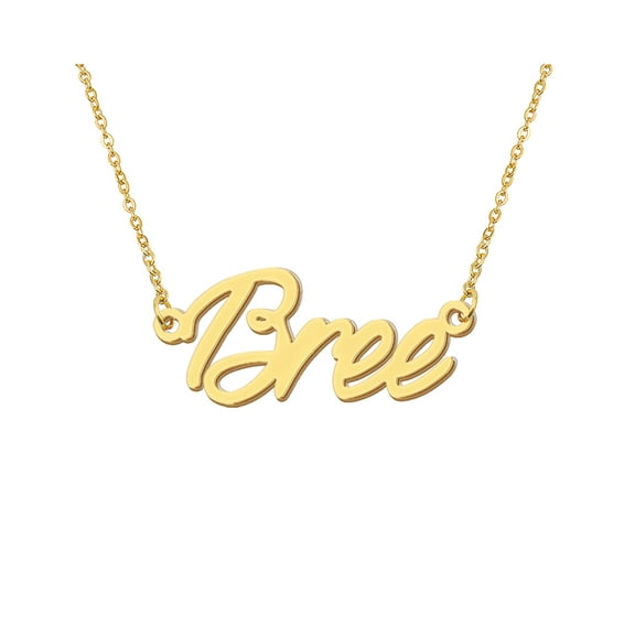 HUAN XUN 18k Gold Plated Bree Name Necklace Stainless Steel Nameplate Necklaces for Womens Mens Mother Day Christmas Jewelry Gift