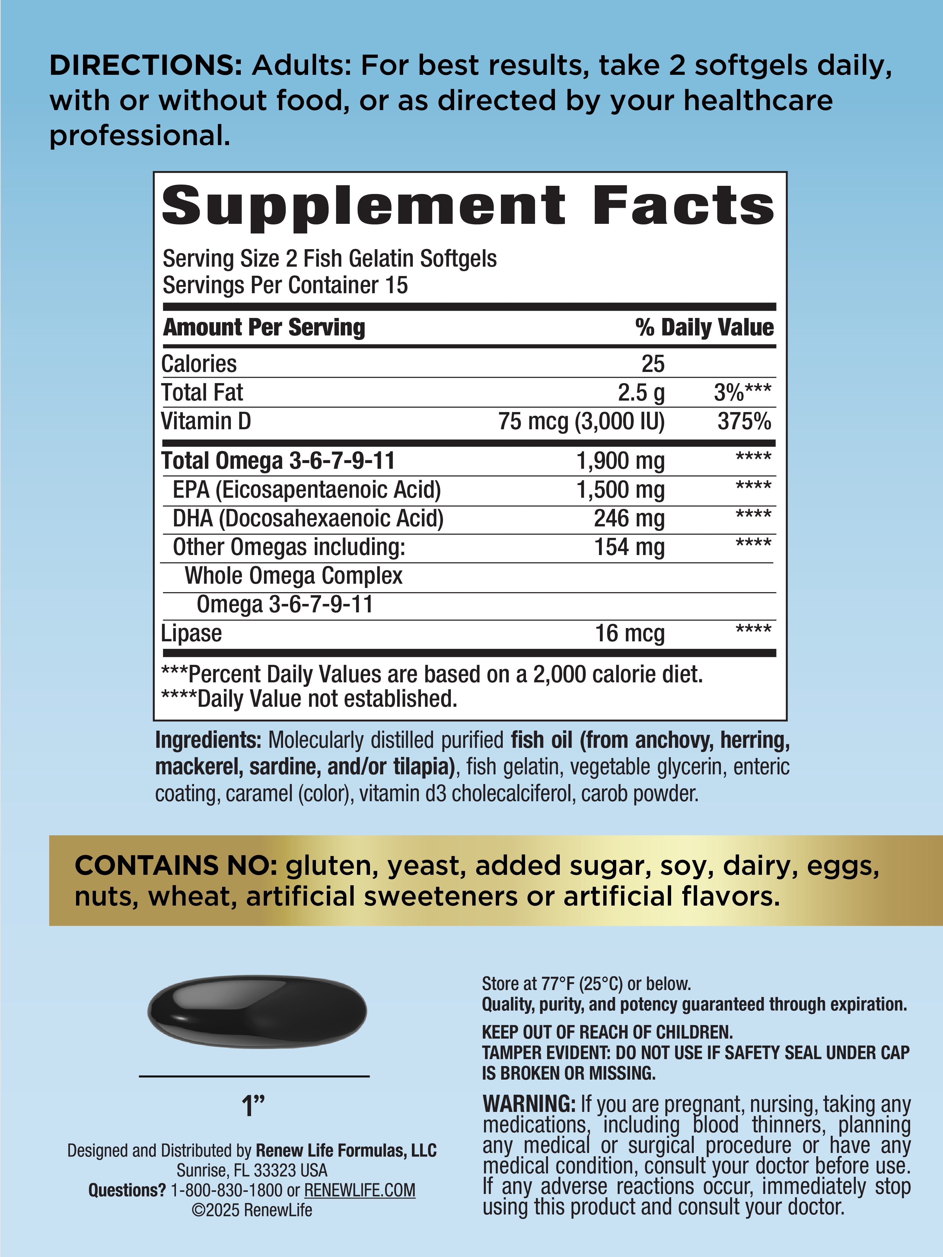 Norwegian Gold Super Critical Omega Softgels | 2,400 mg Fish Oil | 1,000 mg Omega-3,6,7,9,11 | 30 Count | by Renew Life