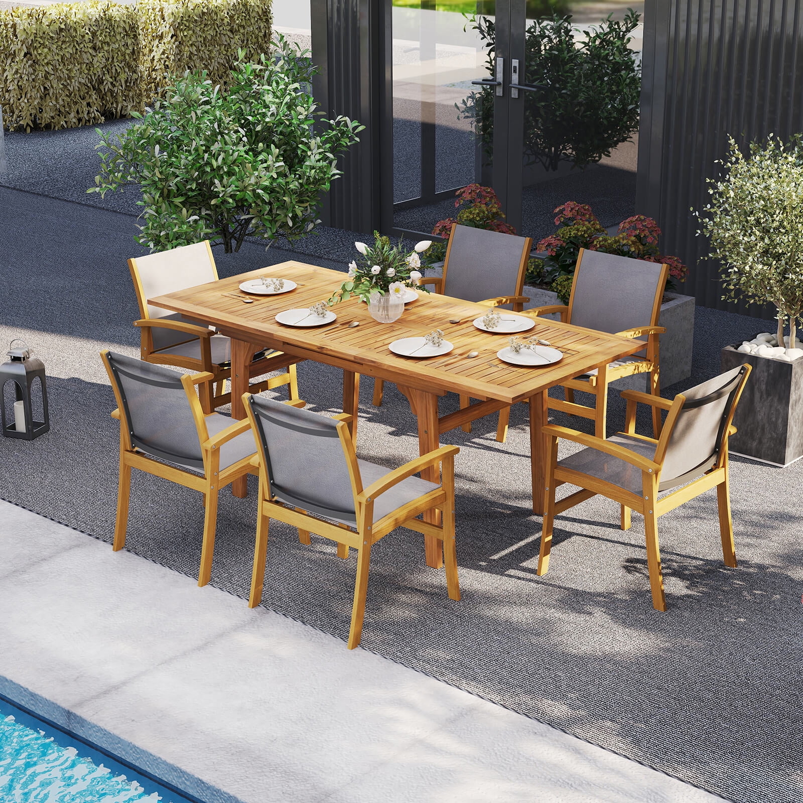 Costway 2 PCS Outdoor Dining Chairs Acacia Wood Patio Chairs with Breathable Fabric Seat
