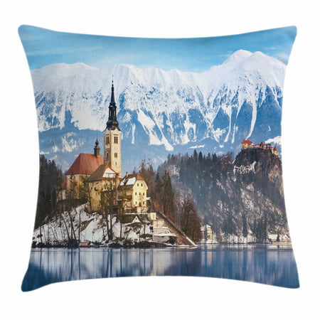 Winter Throw Pillow Cushion Cover, St. Mary's Church of the Assumption Lake Bled in Slovenia Europe Travel Destination, Decorative Square Accent Pillow Case, 18 X 18 Inches, Multicolor, by