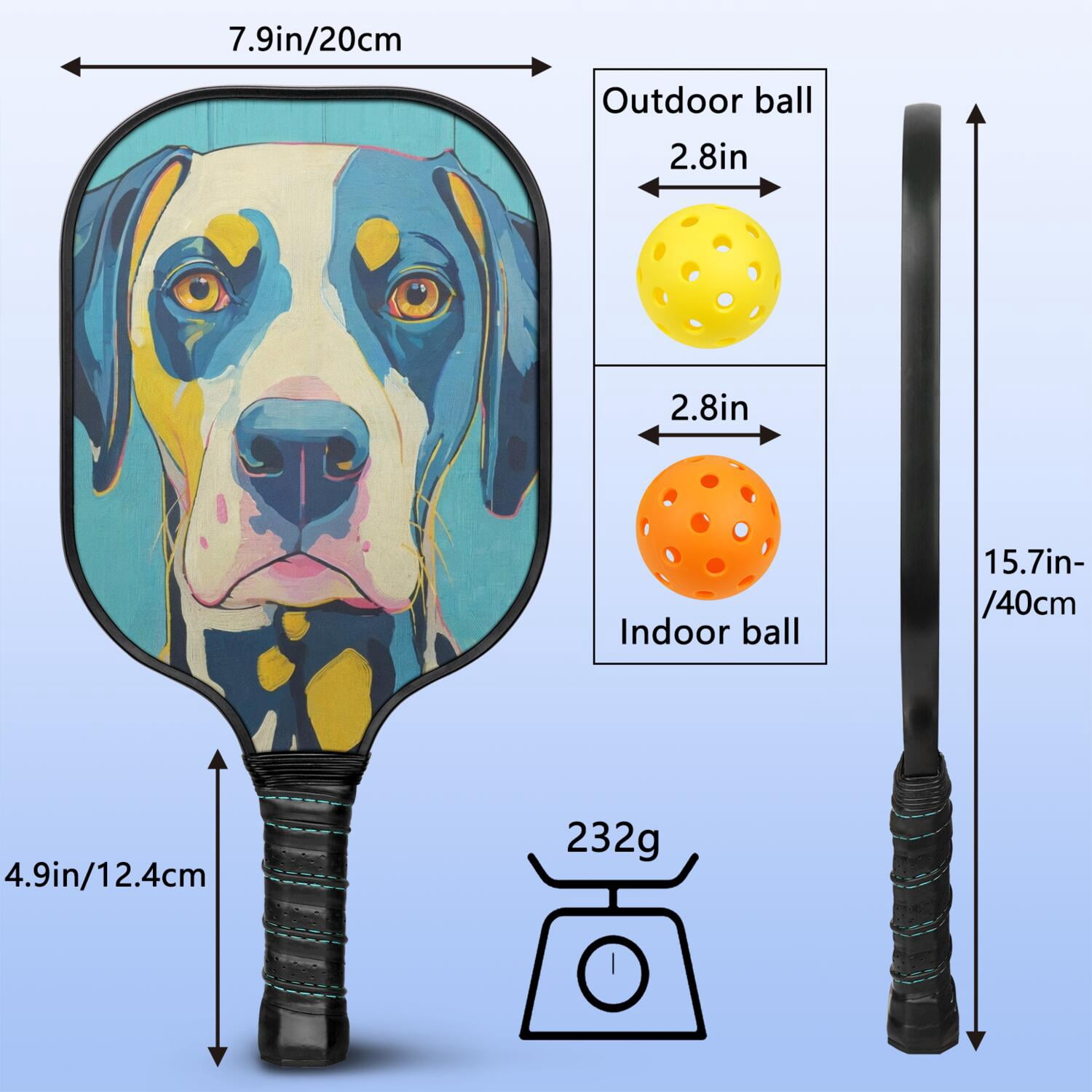 Pickleball Paddles Set Of 2, Fiberglass Surface, Astonished Dog Print, 4 Balls & Bag