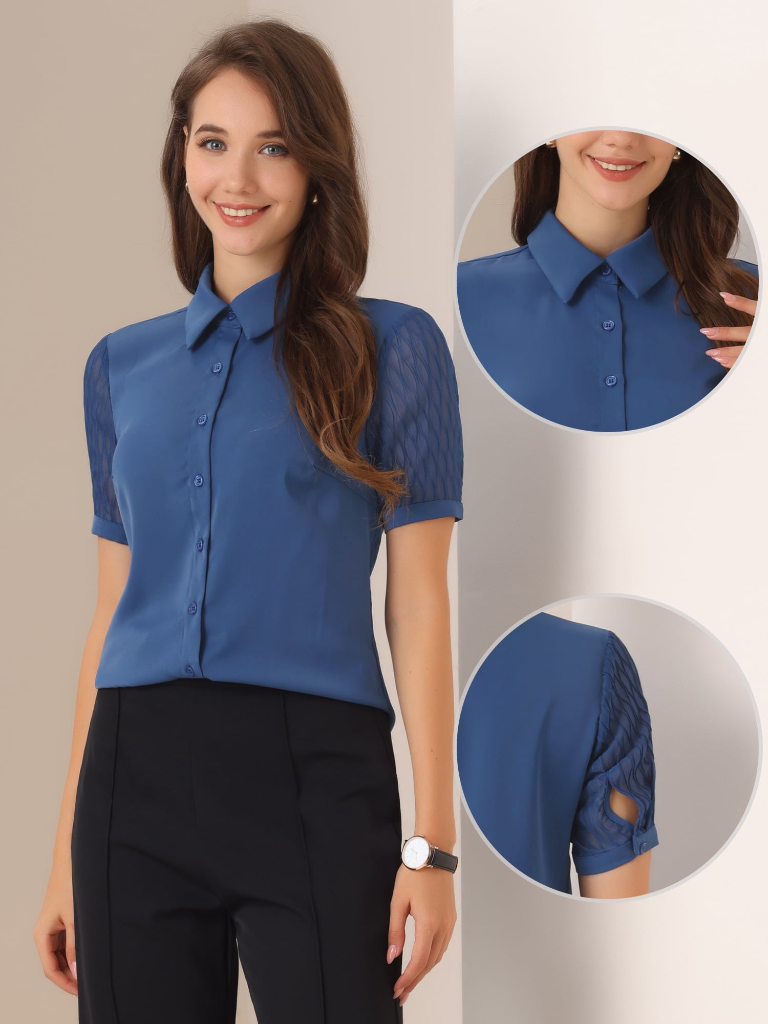 DARING DIVA Women's Button Down Sheer Short Sleeve Point Collar Work Shirt  S Dark Blue