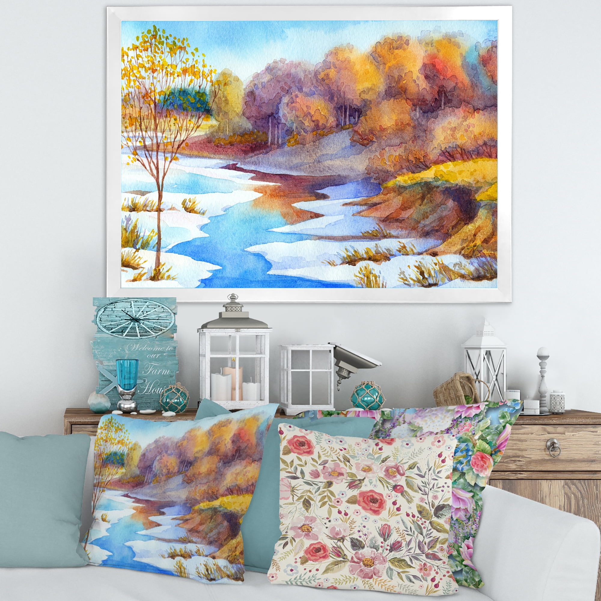 Designart 'Stream Though The Winter Forest Valley' Lake House Framed Art Print