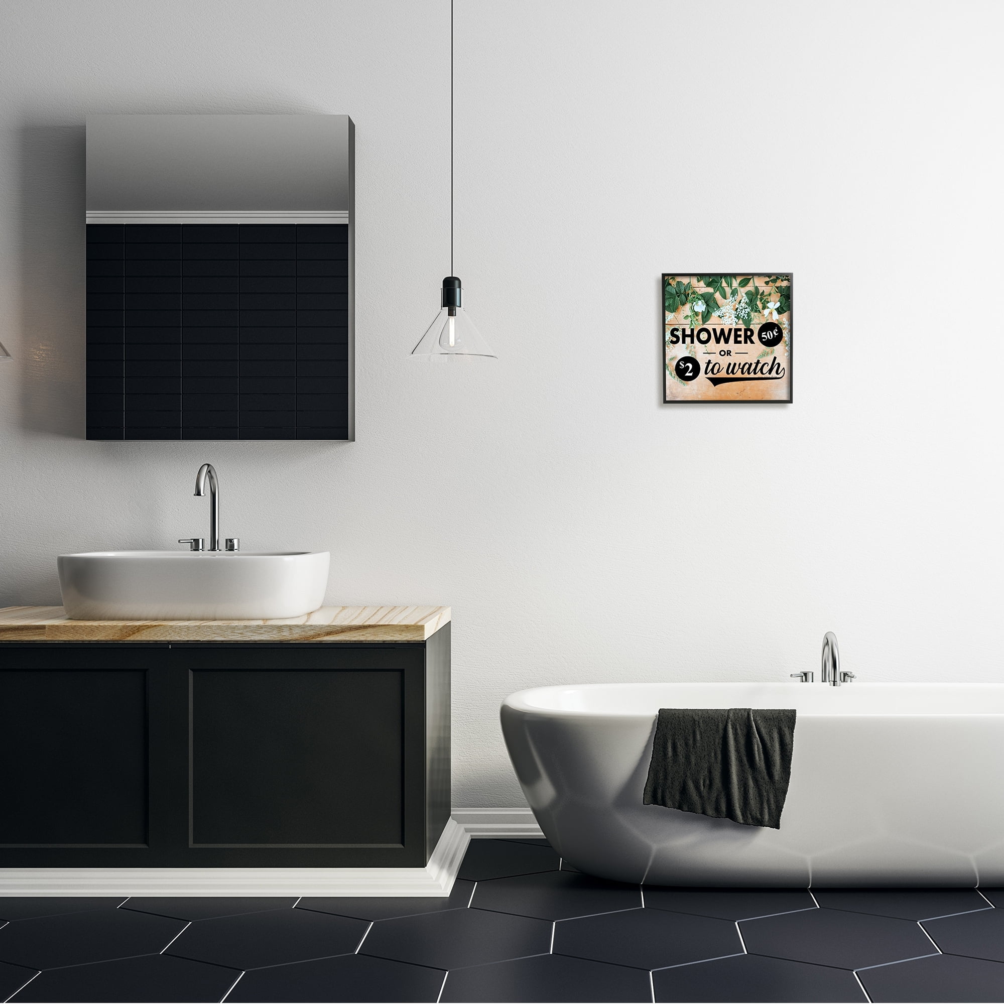 Stupell Industries Shower Fifty Cents or Watch Funny Bathroom Flowers Photography Black Framed Art Print Wall Art, 17x30, by Yvonne Coleman Burney