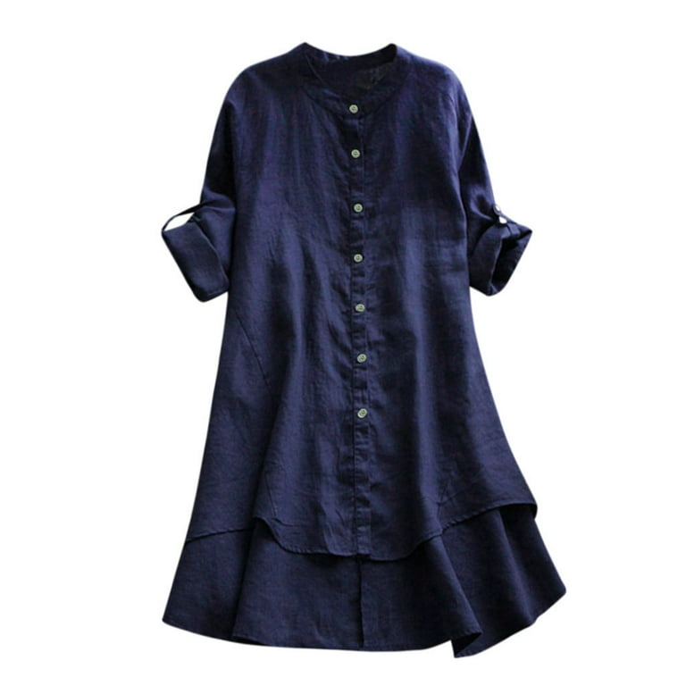 MRULIC t shirts for women Women Casual Loose Linen Soild Button Long Sleeve  Long Shirt Blouse Tops Womens t shirts Navy Blue + L