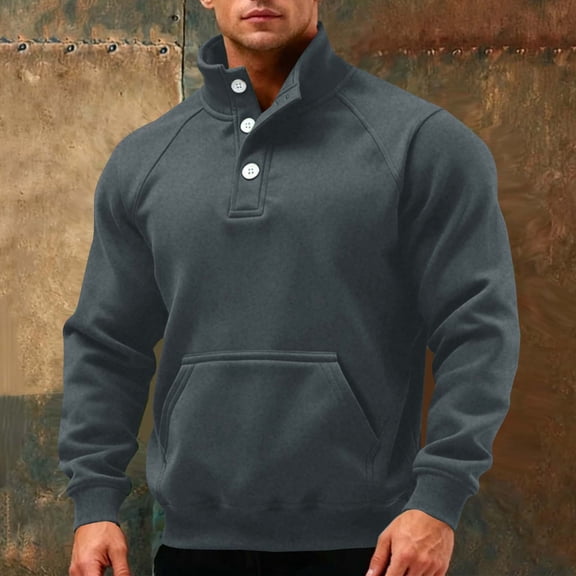 gbyLJF Mens Stand Up Collar Sweaters Fleece Solid Color Button Collar Pullover Sweatshirts Warm Winter Long Sleeve Hoodless Tops with Pocket