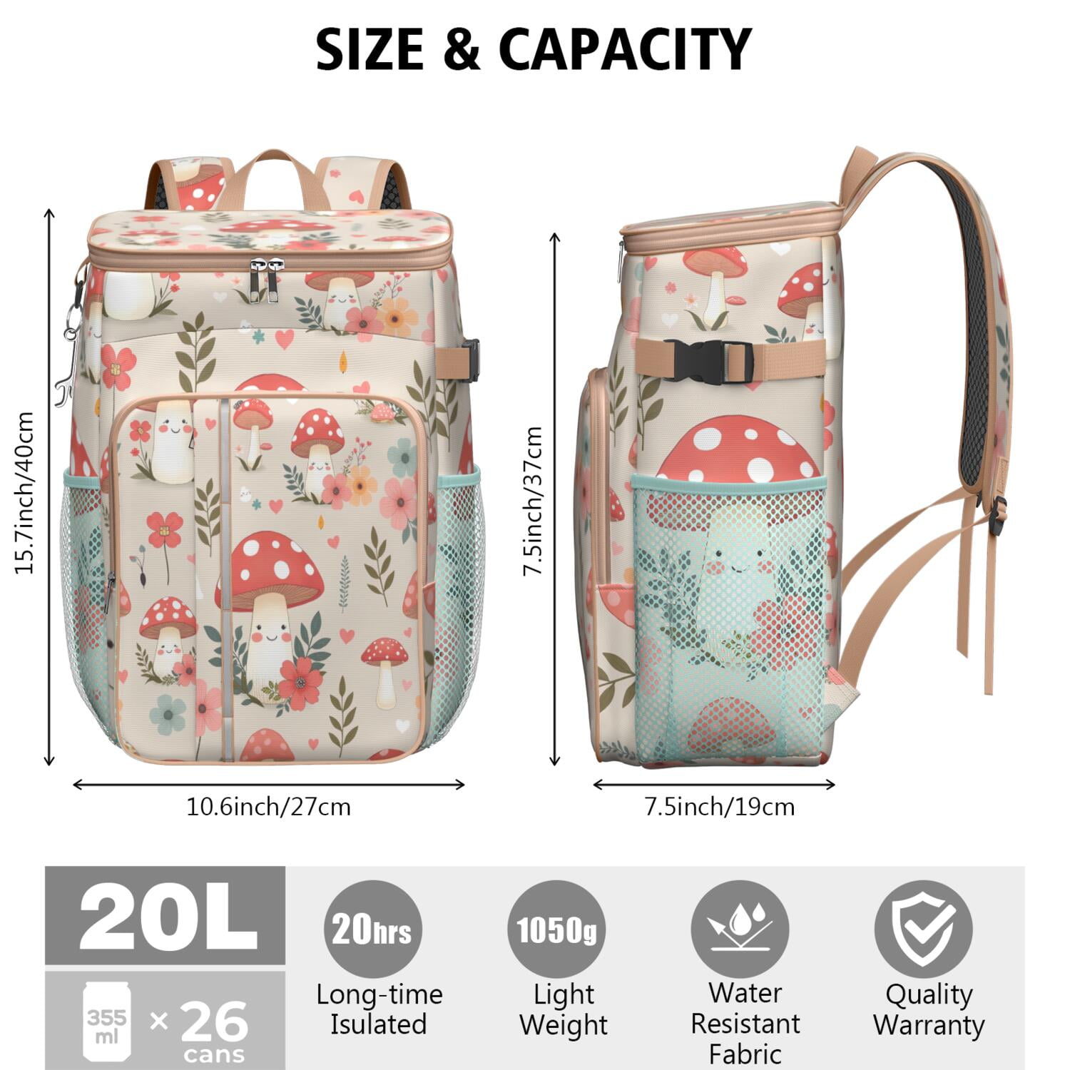 Insulated Cooler Backpack,Insulated Backpack Insulated Leak Proof Travel Cooler Bag Waterproof Lunch Picnic Beach Work Trip Thermal Bag Drink Beverage Beer Bag Cooler Mushroom