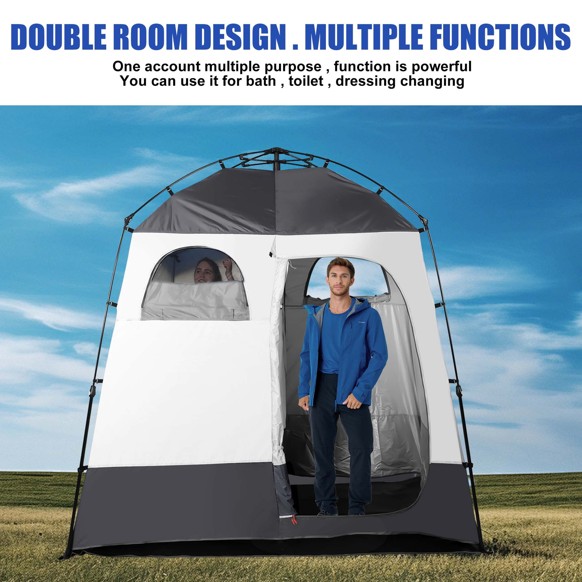 GVDV Camping Shower Tent, 2 Rooms Oversize Outdoor Portable Shelter, Privacy Tent with Detachable Top, 87" x 47" x 87"