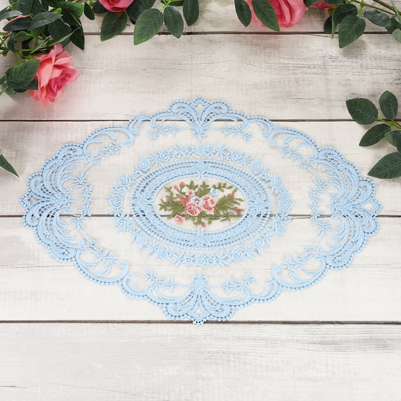 3 Pcs Lace Placemats, 16.5x6.5Inches Vintage Table Doilies Oval Embroidered Crochet Lace Dolly Cup Mat for Table Vase Home Decor, Sky blue