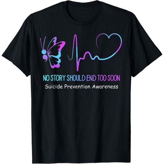 Suicide Prevention Awareness Semicolon Butterfly Heartbeat T-ShirtMen and women, Black T-shirt, size: Extra large