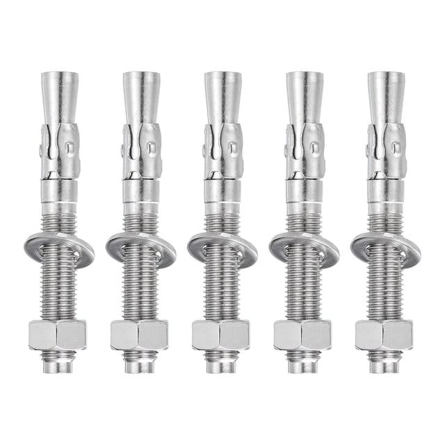 Uxcell 5 Pcs Ancrages en Coin, 5/8 Pouces x 5 Pouces Ancrages en Acier Inoxydable Boulons, Fixation Standard Robuste pour Base Murale en Ciment (Inclut Rondelles Écrous, Ton Argent)