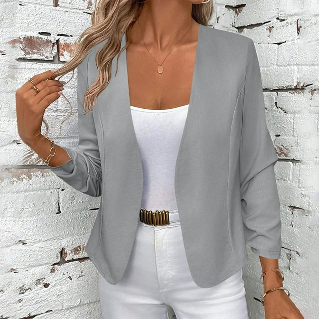 Pincandy Women's Casual Lightweight Jackets Ruched 3/4 Sleeve Open Front Work Office Blazer Suit Jacket