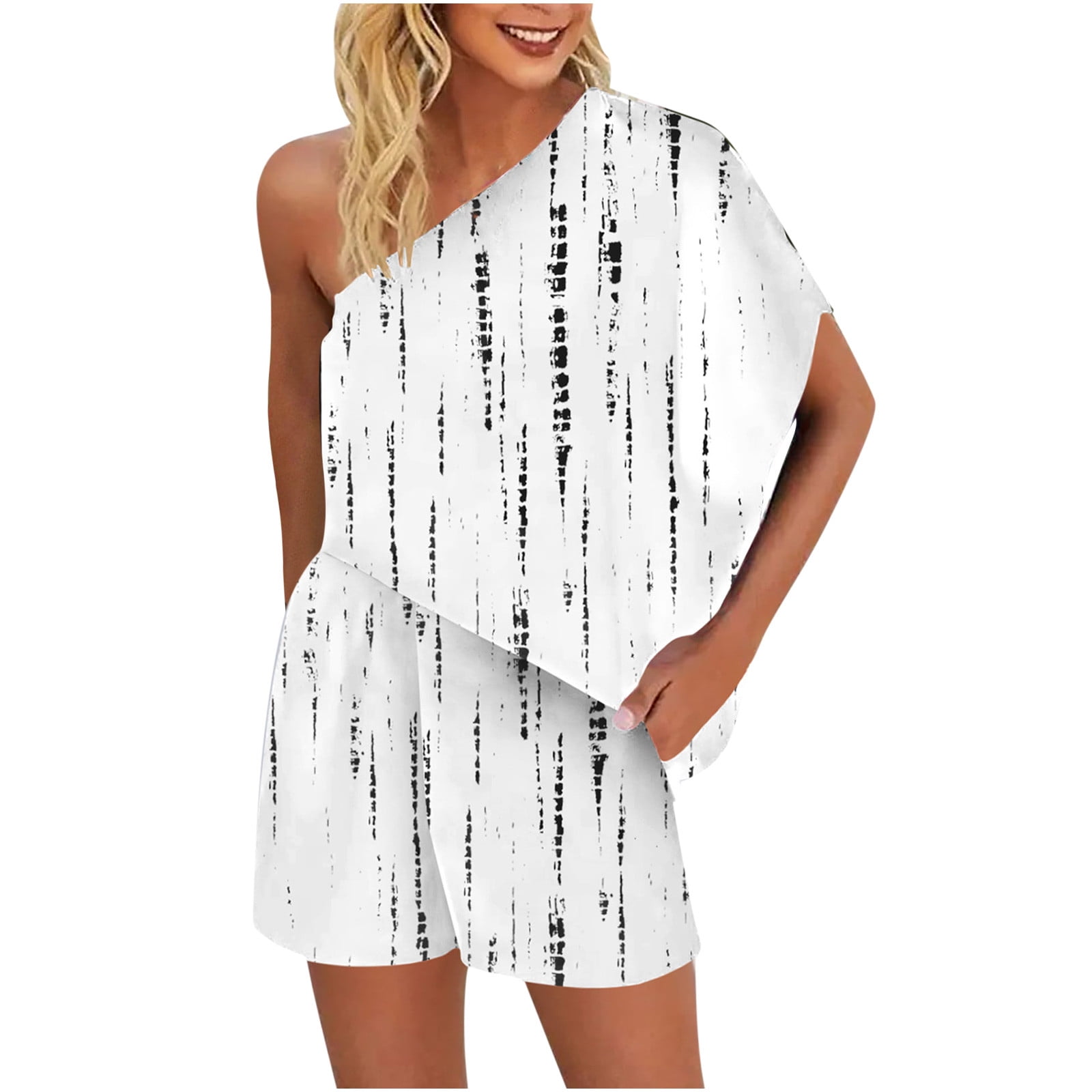 2 Piece Outfits for Women Plus Size Short Sets Summer One Shoulder Sexy