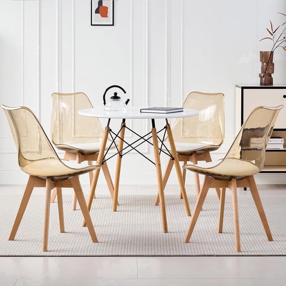 5 Piece Round Dining Table Set for 4, 31.5" Kitchen Table with 4 Clear Brown Acrylic Chairs for Restaurant Bedroom Living Room, Space Saving White Table Chair Set of 4