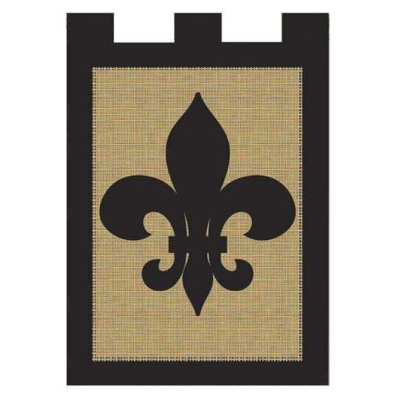 Solid Black Fleur de Lis on Burlap 18 x 13 Rectangular Double Applique Tab Top Small Garden Flag