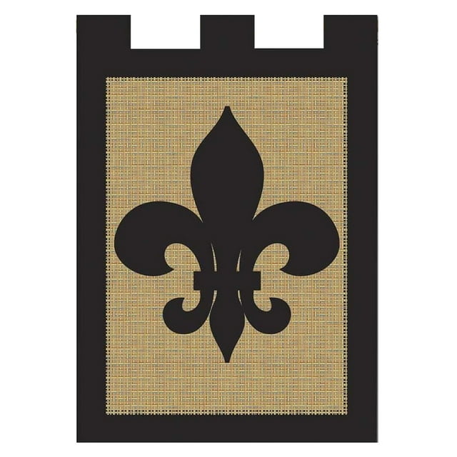 Solid Black Fleur de Lis on Burlap 18 x 13 Rectangular Double Applique Tab Top Small Garden Flag