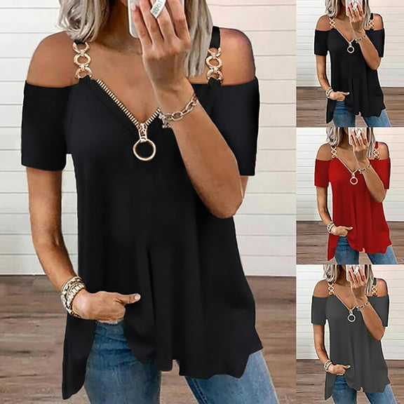 Jacenvly 2024 new summer blouses for women Leisure Women Solid Short Sleeve Strapless T Shirt Polluver Blouse Tank Tops comfortable Off Shoulderv neck t shirts ladies plus size tops Black