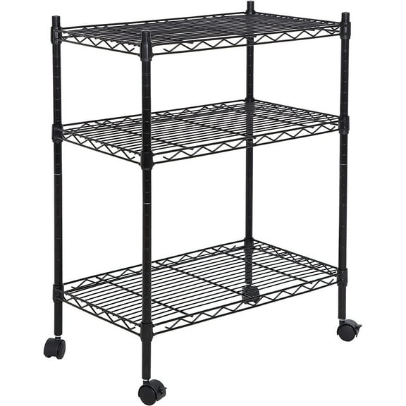 3-Tier Adjustable Shelving Unit, -Grade Steel Wire Shelving Rack with 3" Wheels, Heavy Duty Storage Chrome Shelves for Garage, Kitchen, Living Room, 24" W x 14" D x 32.75" H, Black