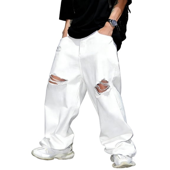 Reppunk Men's Solid White Distressed Baggy Wide Leg Jeans, Oversized Loose Stacked Ripped Denim Pants, Business Casual Versatile Office Daily Commute Trousers