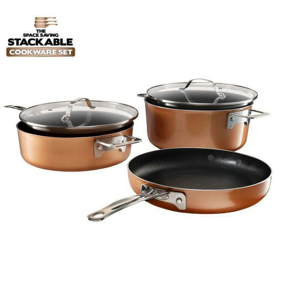 Gotham Steel Batterie de cuisine à revêtement en céramique texturée ultra-antiadhésive StackMaster, 5 pièces