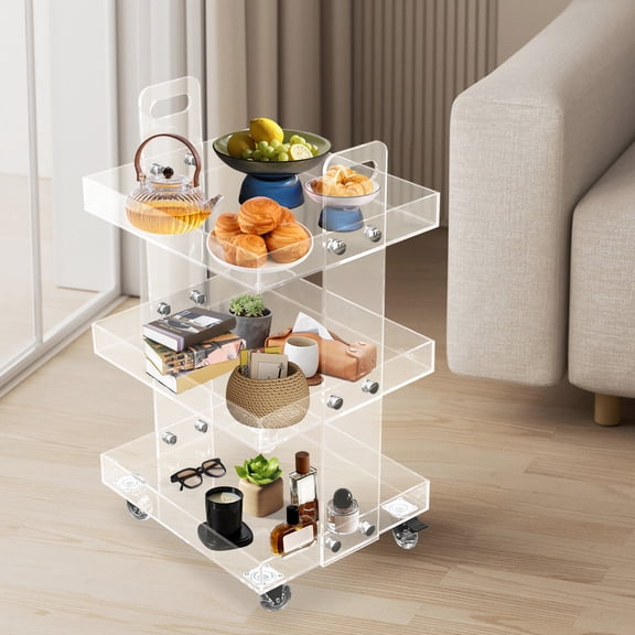 3-Tier Acrylic Utility Rolling Cart, Multifunctional Storage Cart With Wheels for Bathrooms, Living Rooms, Offices