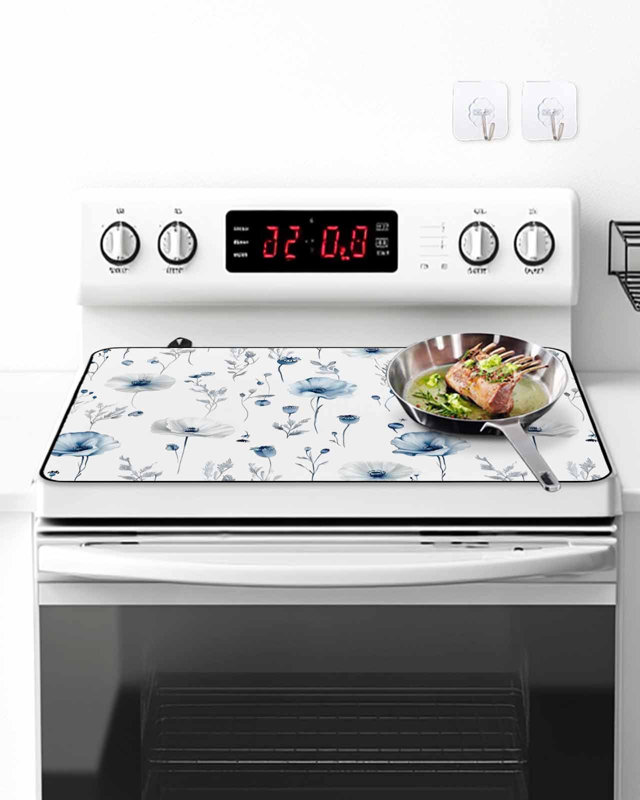 Stove Top Covers for Electric Stove, Blue Floral Spring Glass Stovetop Cover Protector, Farmhouse Poppy Botanical Induction Cooktop Protector Oven Mat for Kitchen Countertop 24"x21"