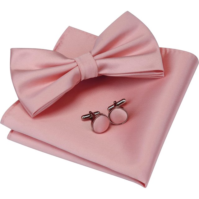LAICAIW Mens Solid Color Double Fold Pre-tied Bow Tie and Pocket Square Cufflink Set with Gift Box