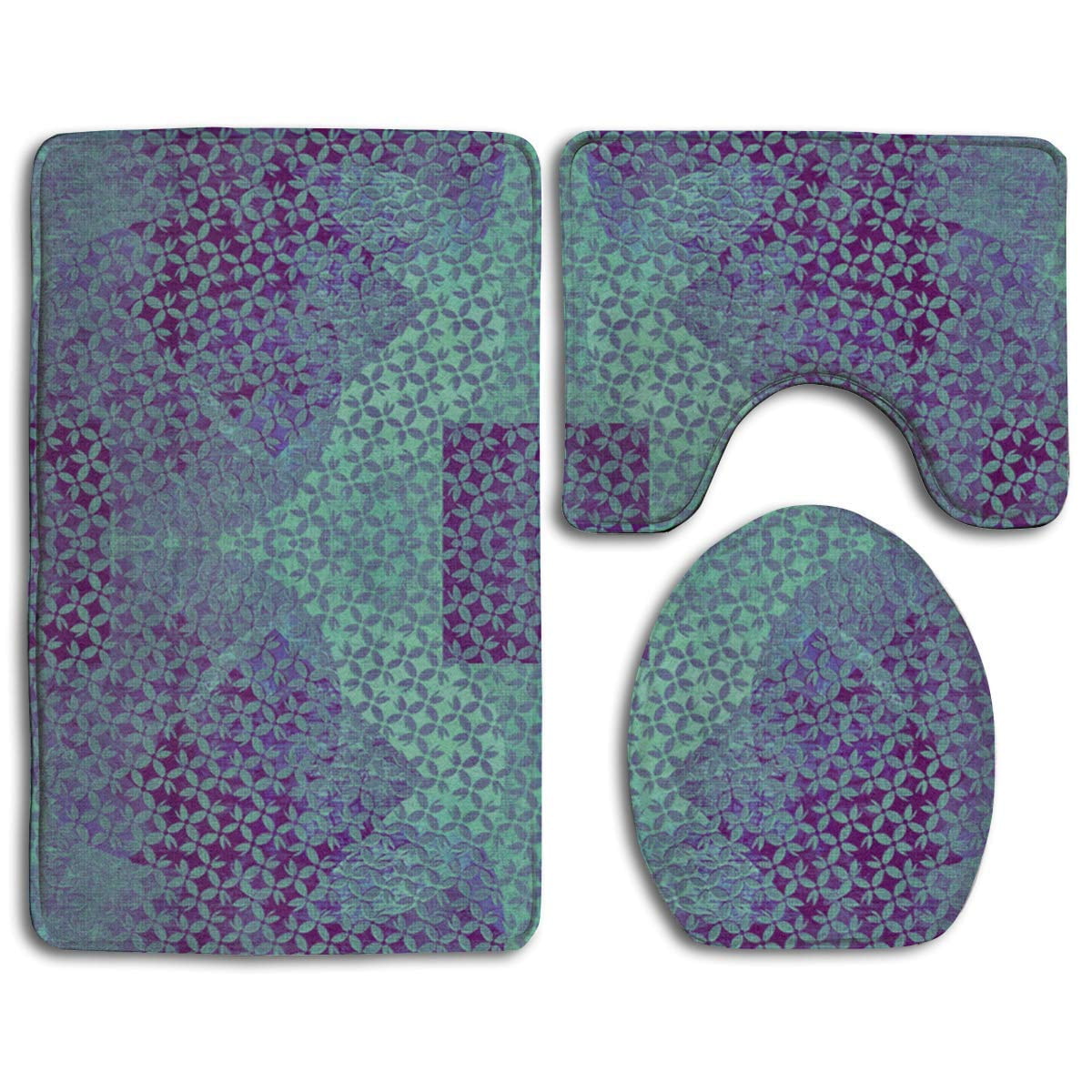 CHAPLLE Teal on Purple 3 Piece Bathroom Rugs Set Bath Rug Contour Mat