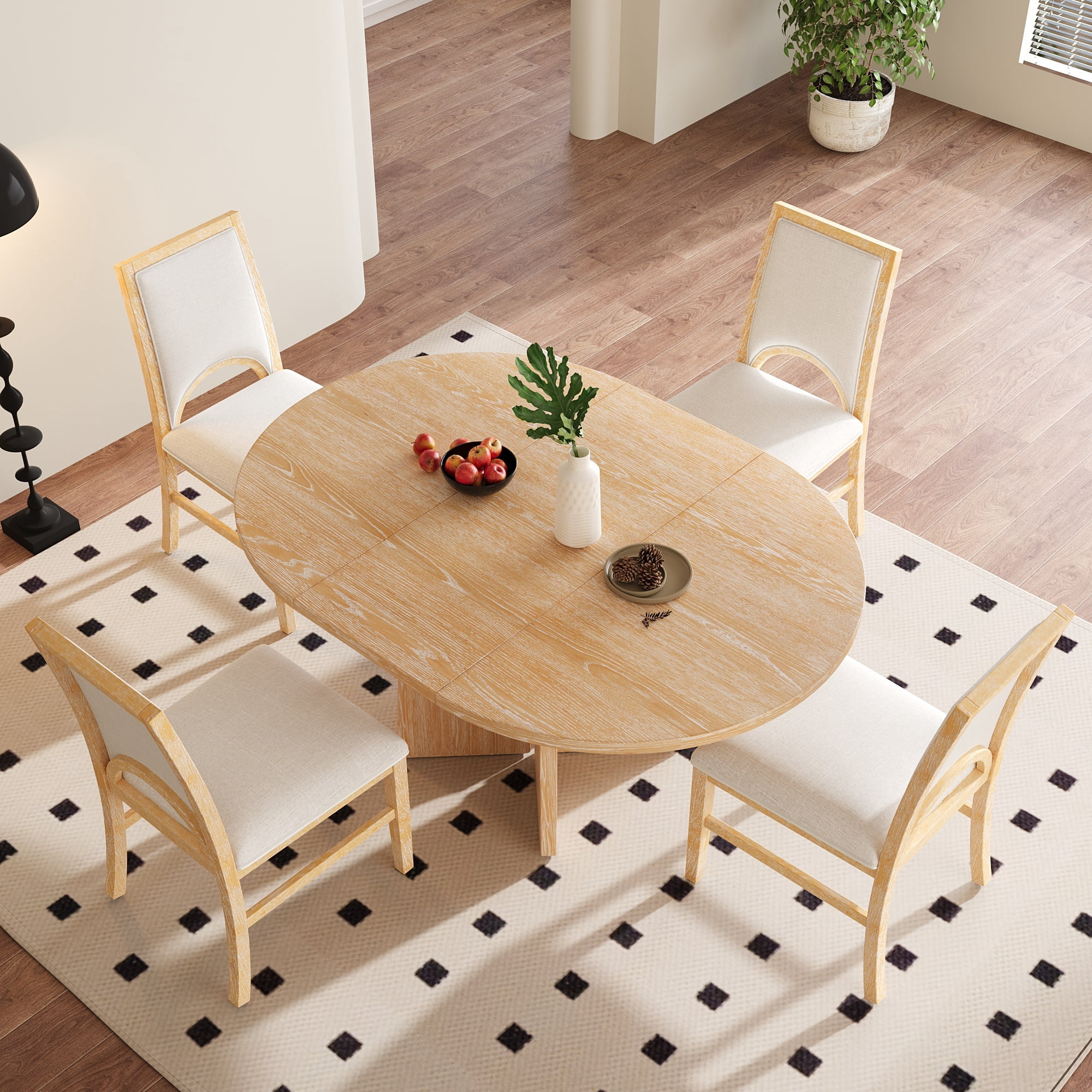Euroco 5 Piece Wood Round Dining Table Set for 4, 41.3"-57.3" Extendable Kitchen Table Set with 4 Upholstered Chairs & Removable Leaf for Kitchen,Dining Room,Natural