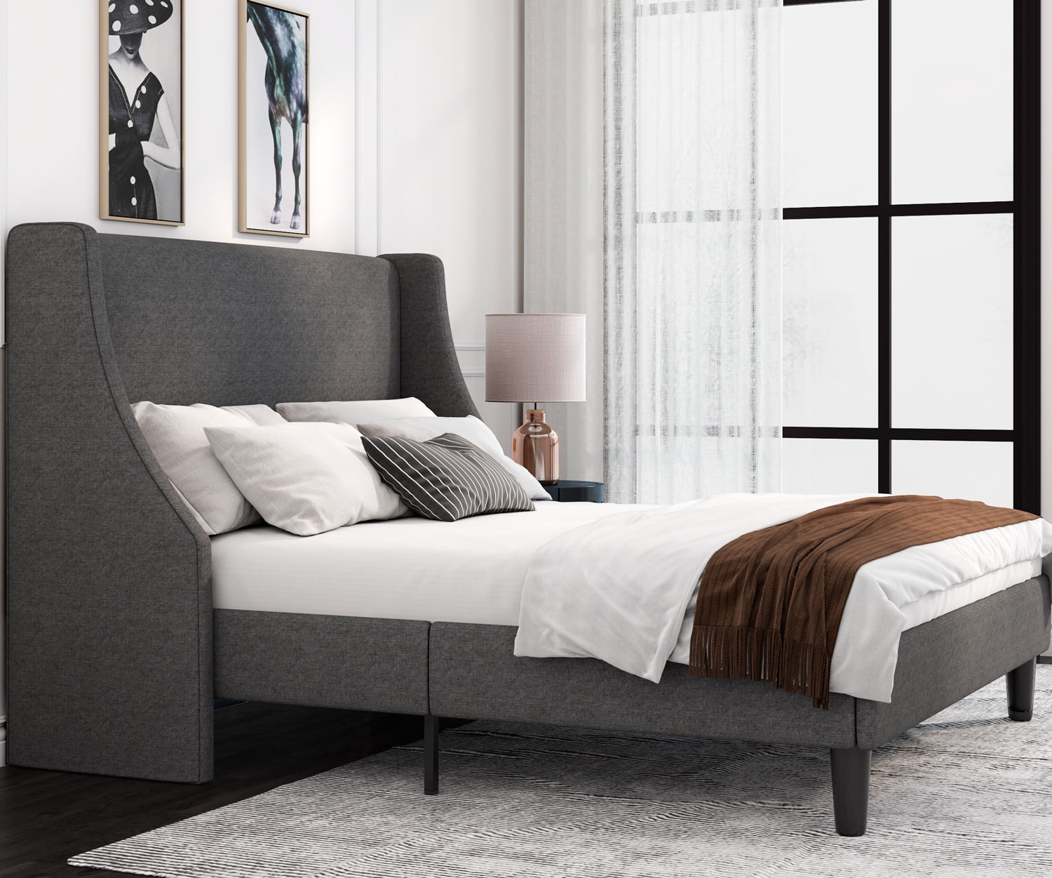 Allewie Full Size Fabric Upholstered Platform Bed Frame with Wingback Headboard, Dark Grey