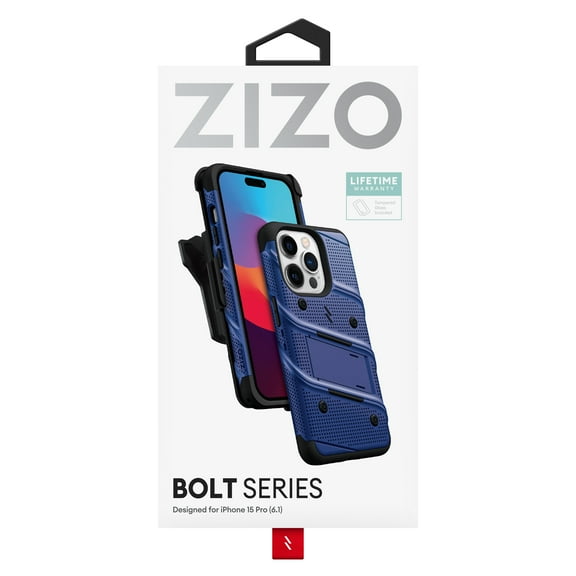 ZIZO BOLT Bundle iPhone 15 Pro Case with Tempered Glass - Blue