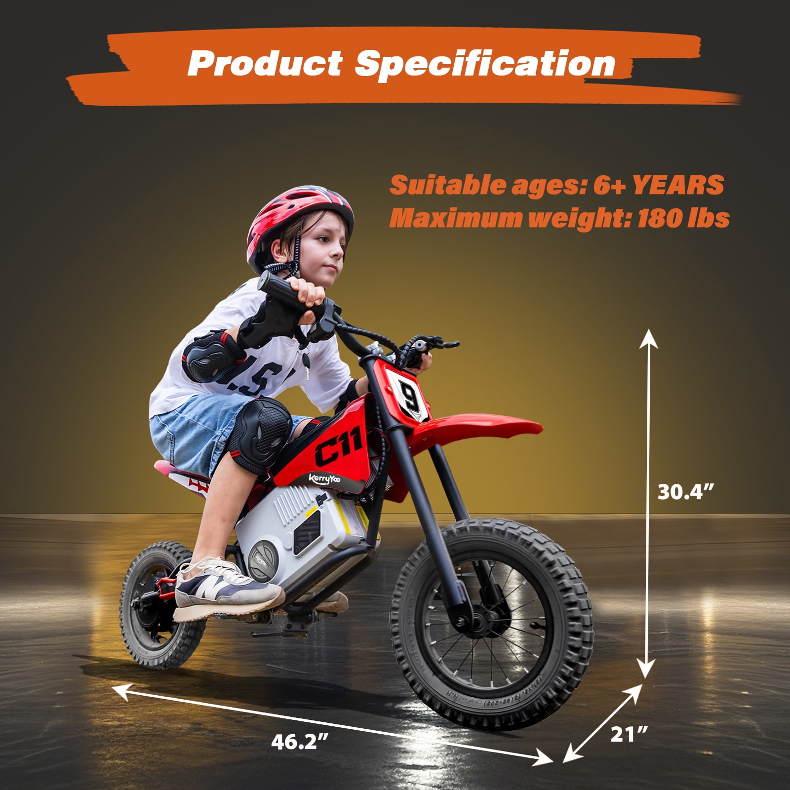 Electric Dirt Bike for Kids 6+, 24V Motorcycle, Electric Motorbike, 5-10 mph, High/Low Speeds-Red