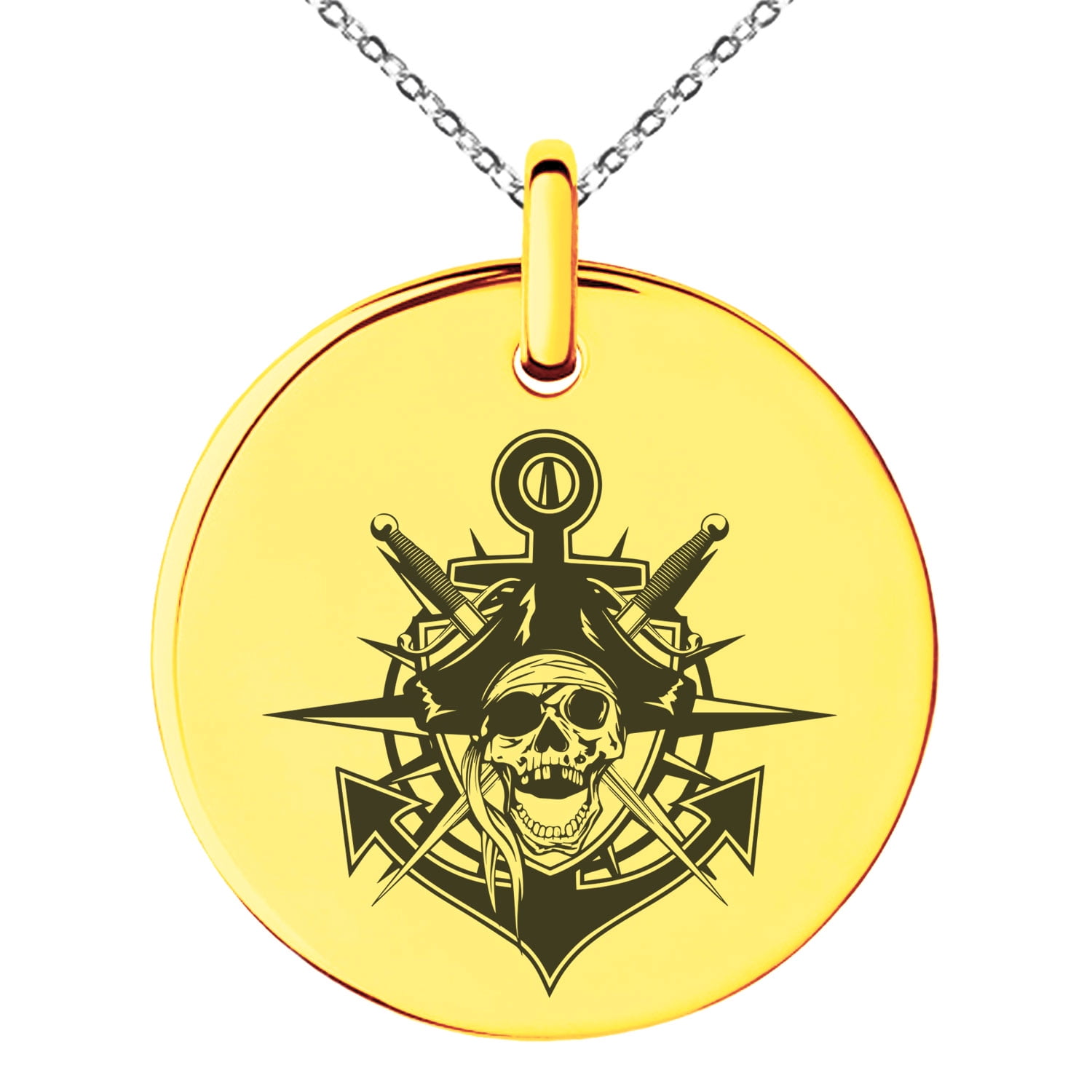 Stainless Steel Jolly Roger Pirate Skull Anchor Engraved Small