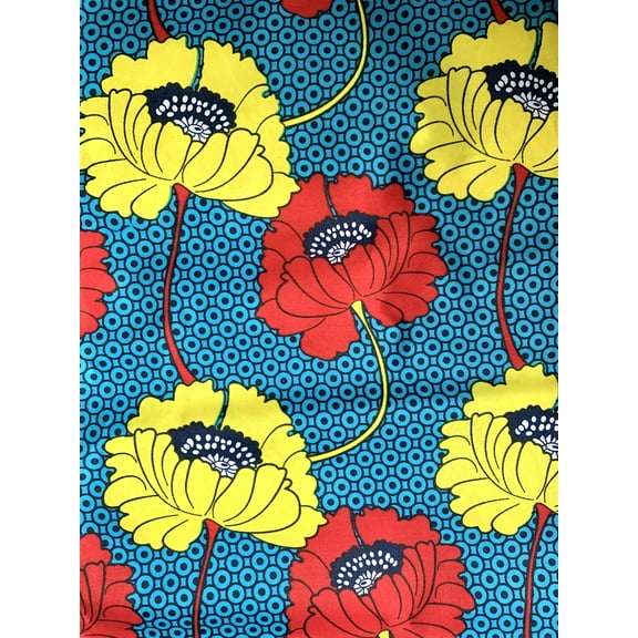 Authentic African Cotton Fabric for sewing- (Blue/Red/Yellow)