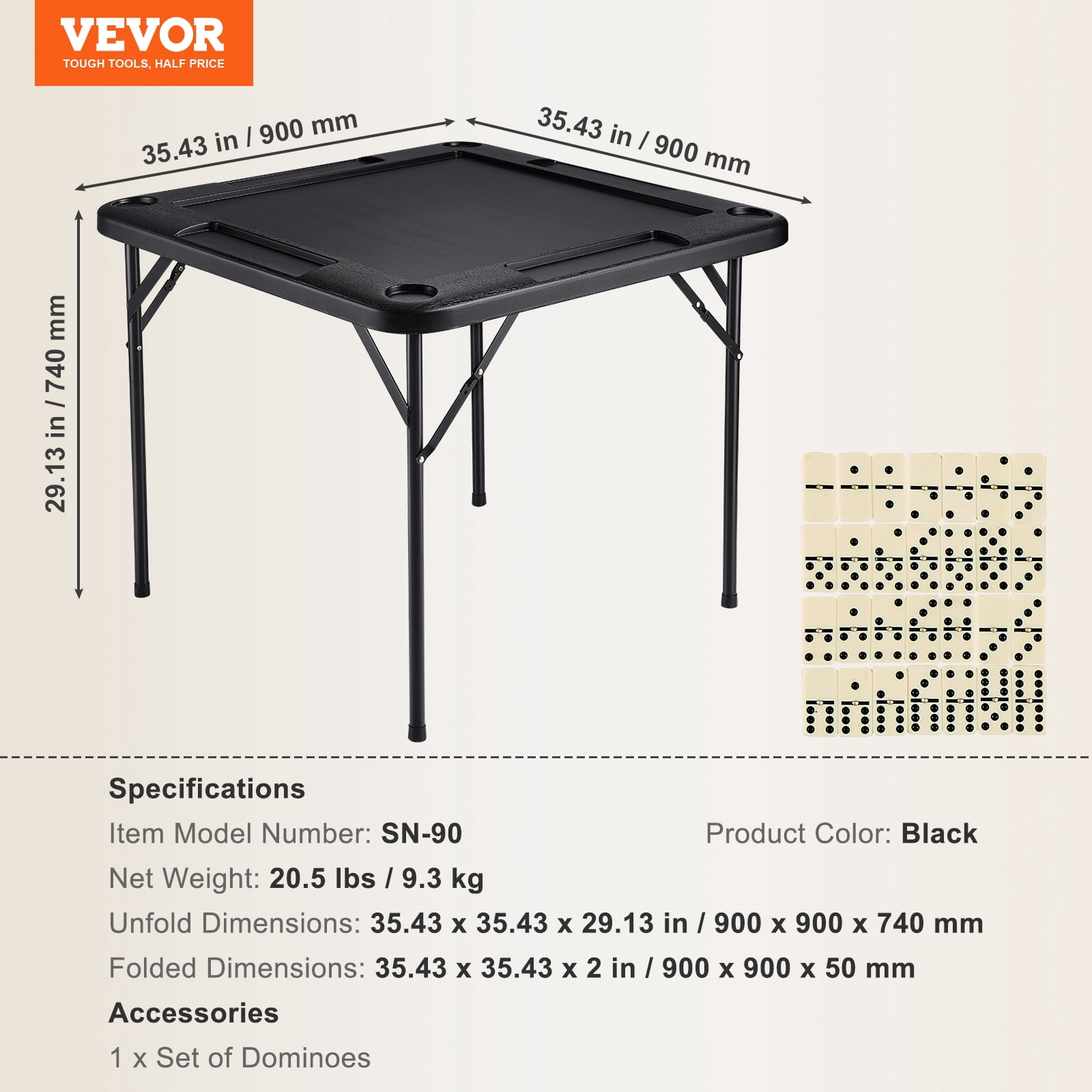 VEVOR Mahjong Table, Square 4 Player Folding Card Table with 4 Cup Holders & 4 Chip Trays, Portable Domino Game Table with 1 Set of Dominoes for Mahjong Poke Puzzles, 35.4 x 35.4-inch, Black