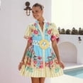 thumbnail image 2 of Women's Casual Boho Linen Puff Sleeve Belted Waist Mini Shirt Dress, Colorful Floral Print Flowy Summer Sundress for Beach Vacation Resort Wear, 2 of 7