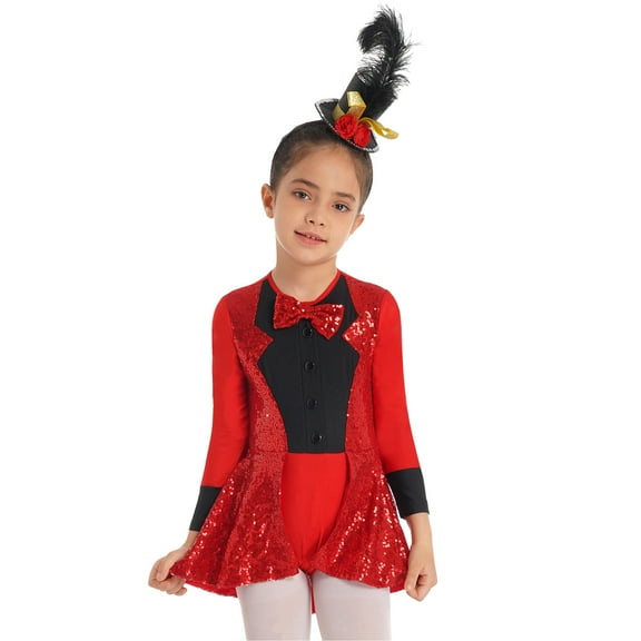 Alvivi Girls Long Sleeve Shiny Sequins Modern Jazz Dance Costume Gymnastics Leotard Red 12