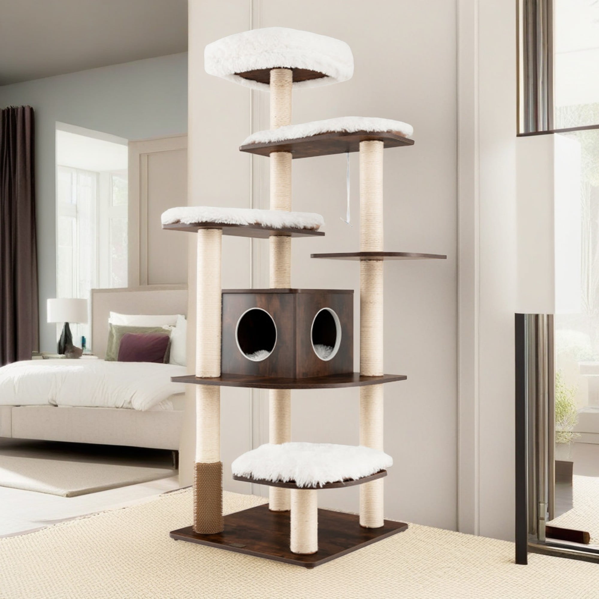 Pefilos 71" Modern Cat Tree Tower for Indoor Cats, Wood Cat Condo with Scratching Post and Removable Pads for Small Large Cats, Brown