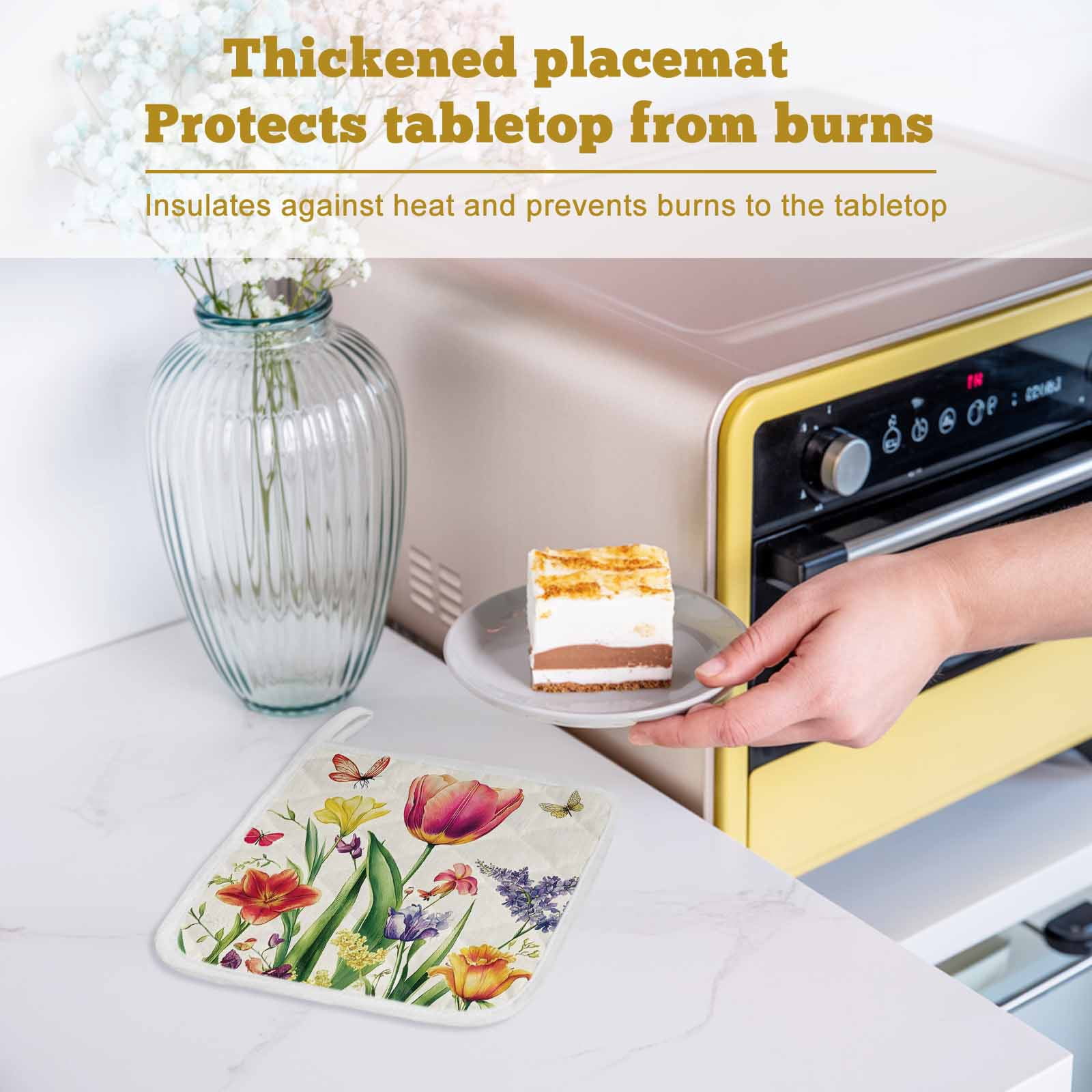Spring Floral Pot Holders for Kitchen Heatproof Potholder, 4 Pack Rustic Tulip Butterfly Botanical Summer Hot Pads Multipurpose Oven Pads Cloth Potholders Trivet for Cooking and Baking