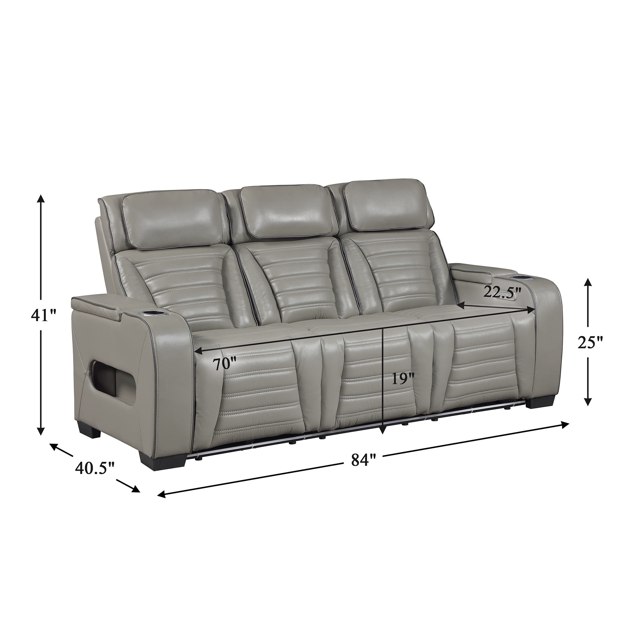 OakvillePark Elantra Leather Match Power Double Reclining Sofa with Center Drop-Down Cup Holder/Power Headrests/Storage Arms/Reading Lights/Wireless Charger/Air Massage/Heat/LED Lighting, Gray